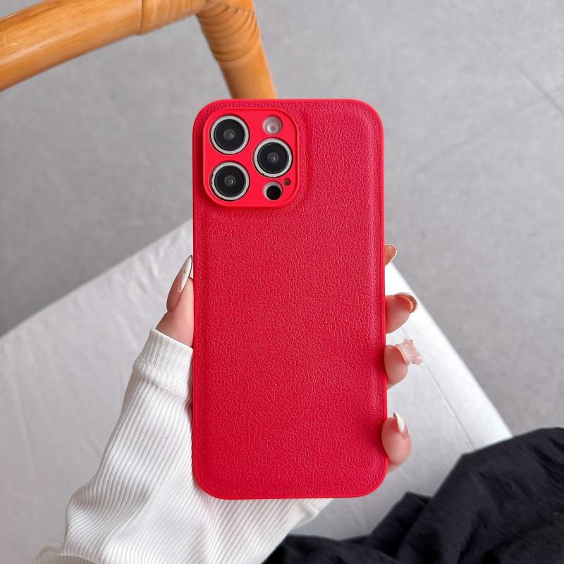 

Models Are Suitable 16pm Lychee Pattern Phone Case 14 Leather Simple 15 Fine Hole Iphone17pro Full Apple 14PRO