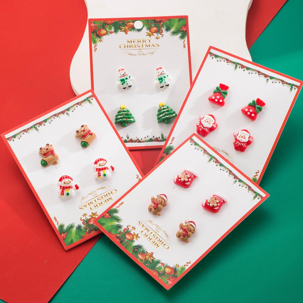 Vánoční slitinová pryskyřičná náušnicová sada Módní lehký luxus Vánoční strom Sněhulák Sob Boty Medvědí náušnice