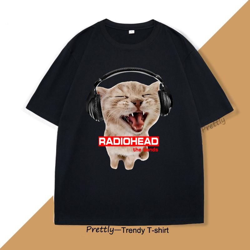 

Vintage Cat with Headphones Radiohead T-shirt Cute Cat Rock T Shirt Men Women Cotton Short Sleeve Round Neck Tshirt Streetwear S