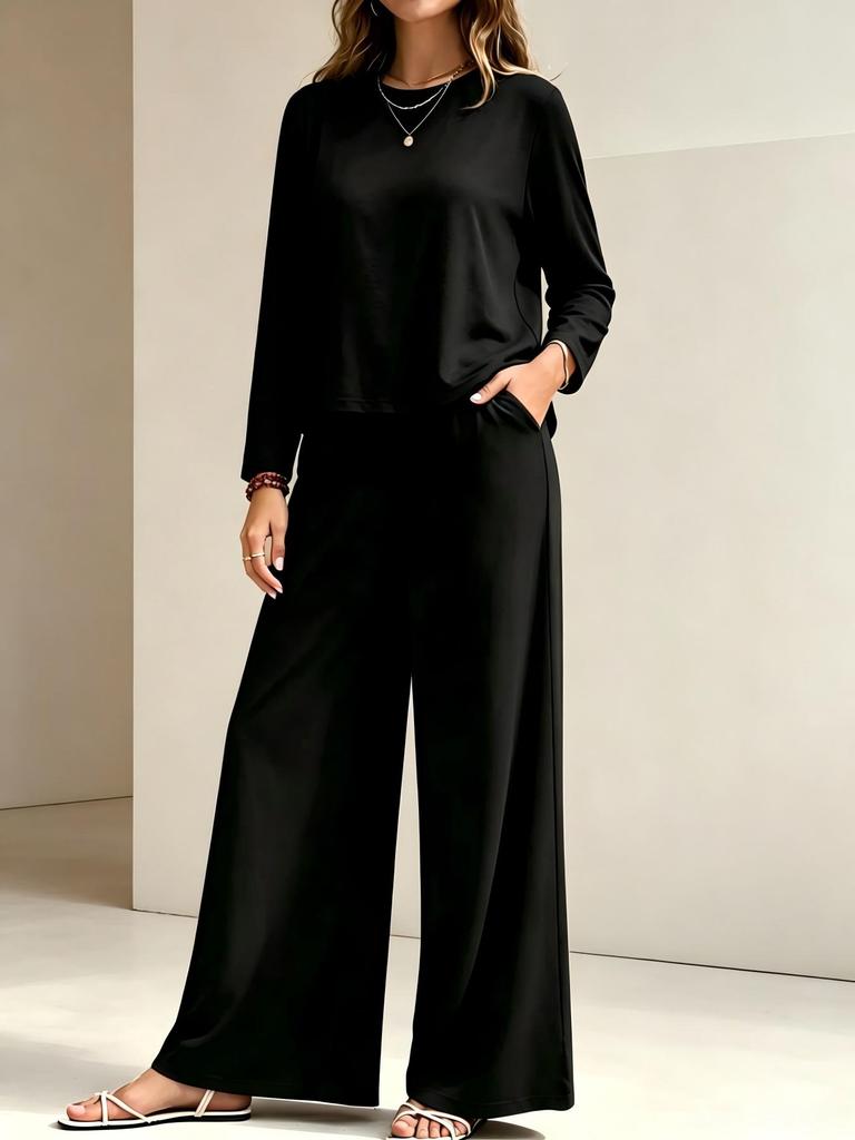 2026 spring and summer new cross-border women's clothing round neck long sleeve high waist wide leg pants fashion casual suit