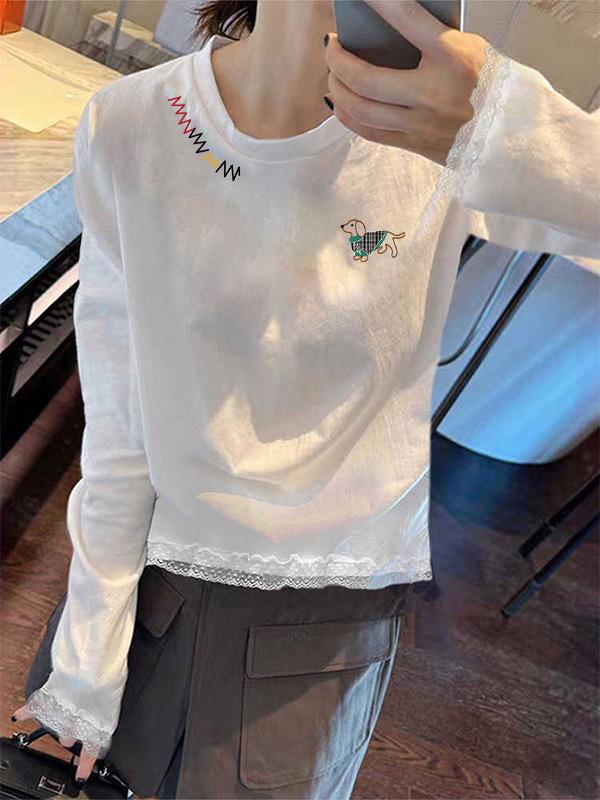 Women's Retro Cartoon Pony Lace Trim Long Sleeve Top