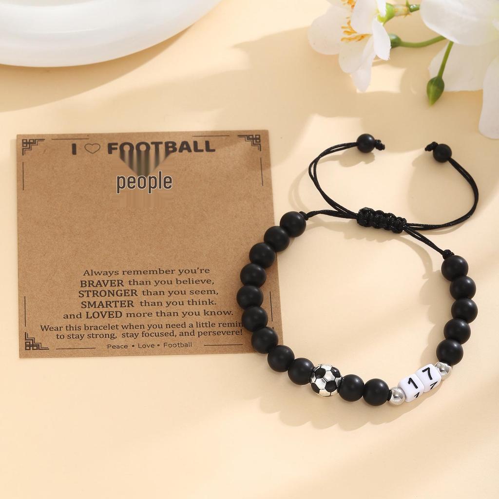 Men's Adjustable Black Matte Stone Beaded Bracelet - Football Number Birthday Gift