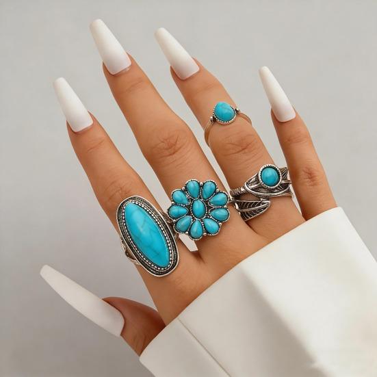 Juego de 5 Anillos Color Plata Retro Envejecido Anillos para el Dedo con Turquesa de Imitación Estilo Bohemio Versátil Apilable Joyería para el Dedo Regalo