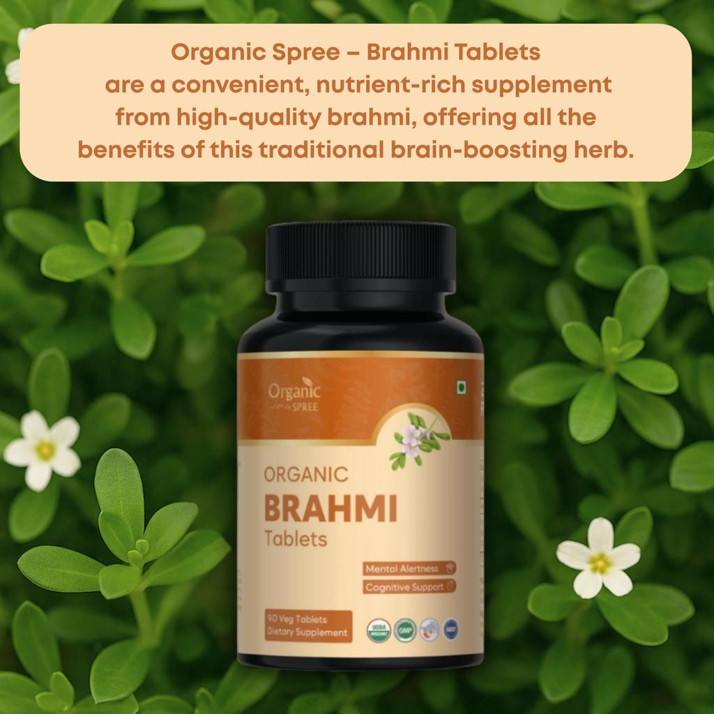 Organic Spree Brahmi Tablets – 90 Tablets | 100% Organic Certified | Supports Mental Clarity and Rejuvenates Mind | Vegan and GMP (Pack of - 1)