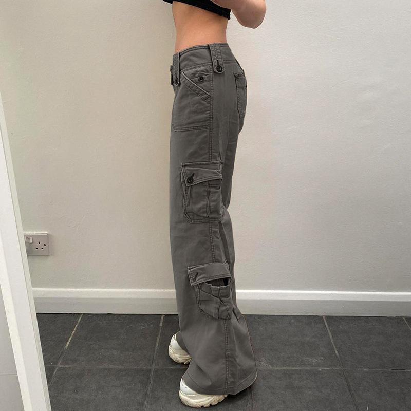 Fashion Retro Style Casual Large Pockets Jeans Street Wear Spicy Girl Pop Straight Leg Pants Elegant Loose Denim Pants Trousers 703
