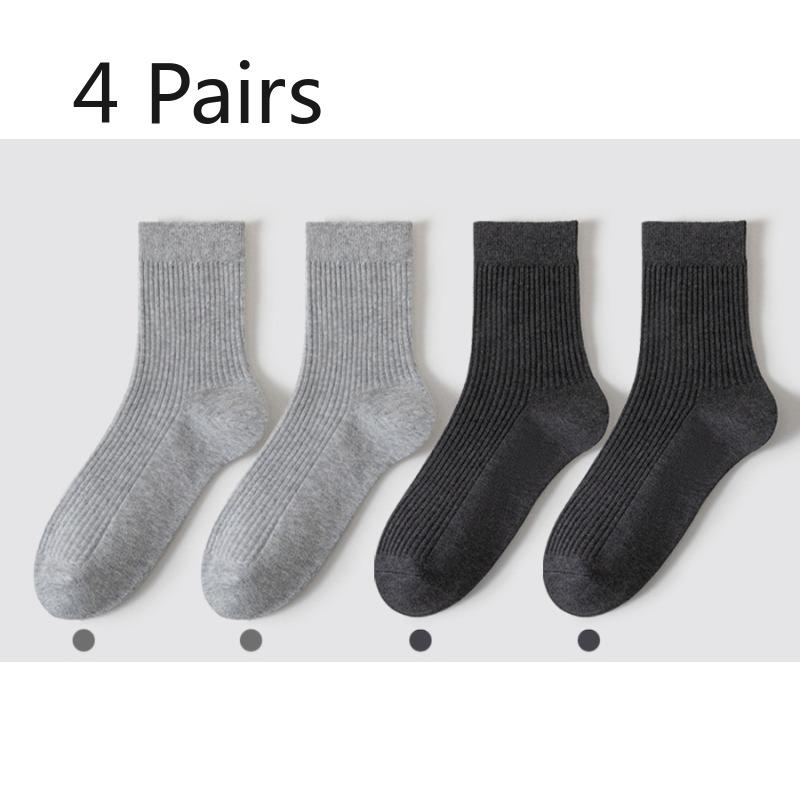 4 Pairs of Men's Spring and Summer Mid-calf Socks, Vertical Anti-pilling Breathable Cotton Socks, Deodorizing and Sweat-absorbing Long Calf Socks