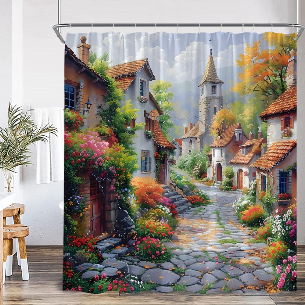 

Greek Town Scenery Oil Painting Shower Curtain Venice Italy Street View European Landcape Bathroom Decor Polyester Bath Curtain W60H190(CM)-1 Pcs