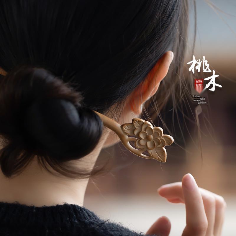 Hochwertige Haarnadel mit chinesischem Knoten aus Pfirsichholz - Neues Frühlingsstil-Haaraccessoire für Damen