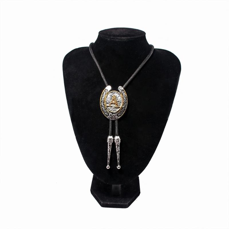Unisex Adjustable Faux Leather Rope Bolo Tie with Metal Initial Letter Pendant Western Necklace Vintage Necktie Neckwear