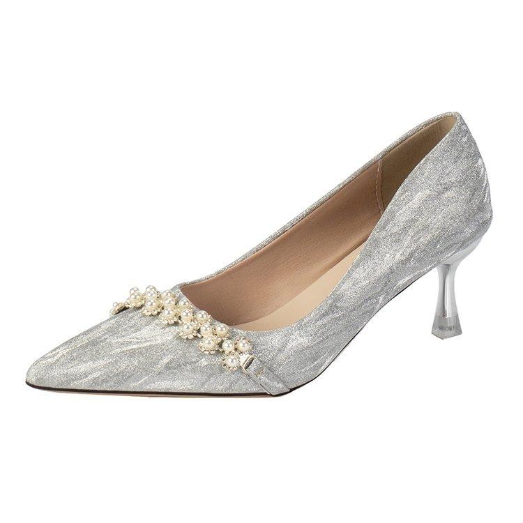New Sequined Pearl High Heels for Bridesmaids, Engagement Shoes, Slim Heels, Non Tiring Feet, Shallow Mouth Pumps Shoes