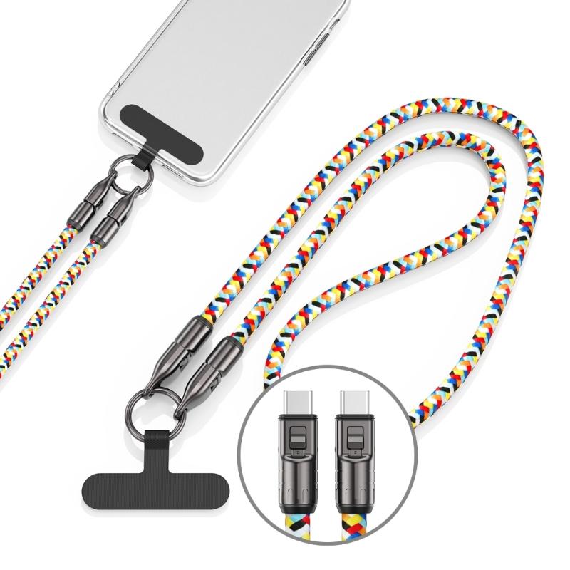 Portable Mobile Phone Lanyard PD240W Charging Cable, 2 in 1 USB Type C Data Cord Quick Charging Cable for Travel