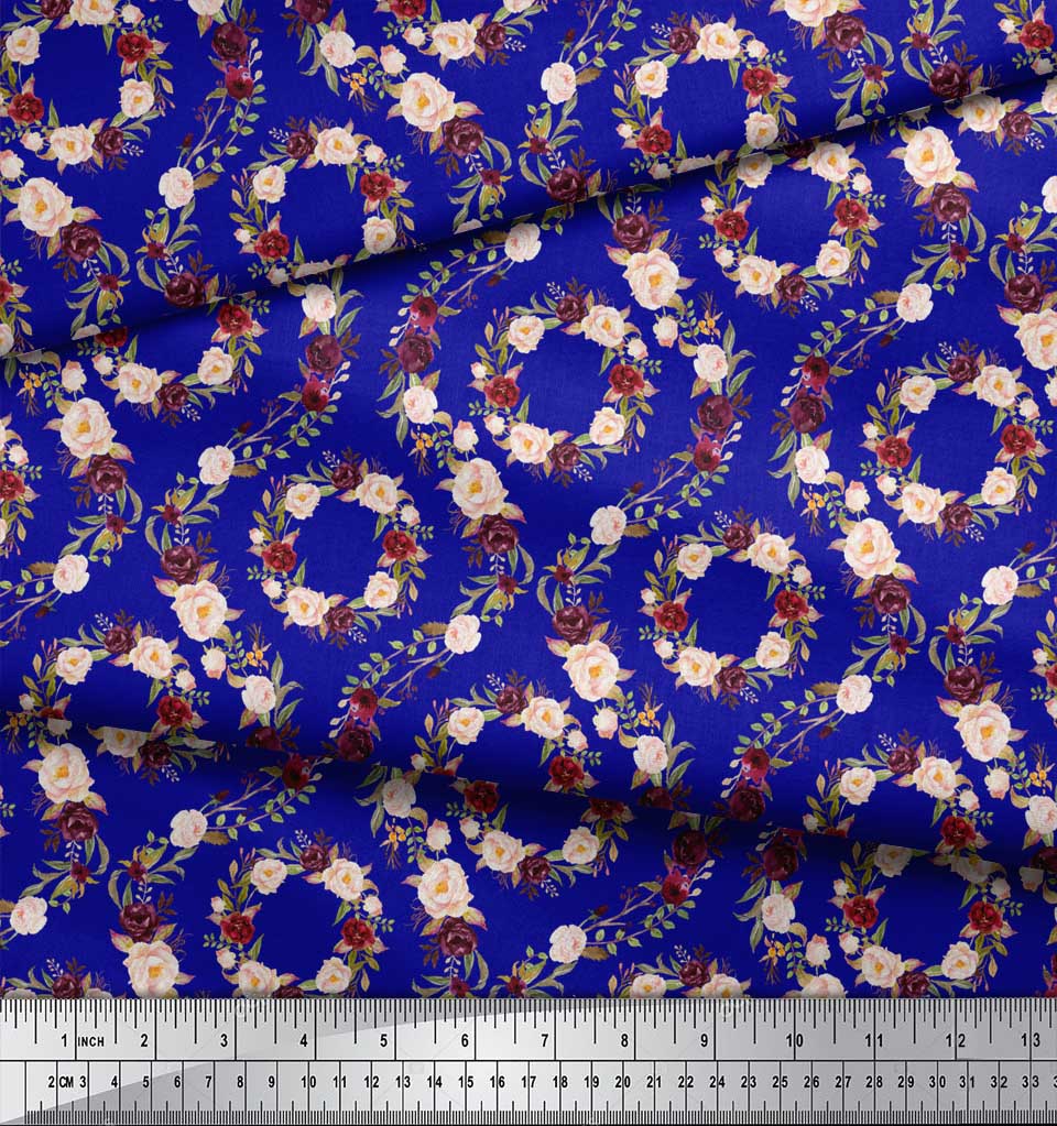 Soimoi Modrá poly krepová látka damaškový květinový potisk látka na metr 42 palců