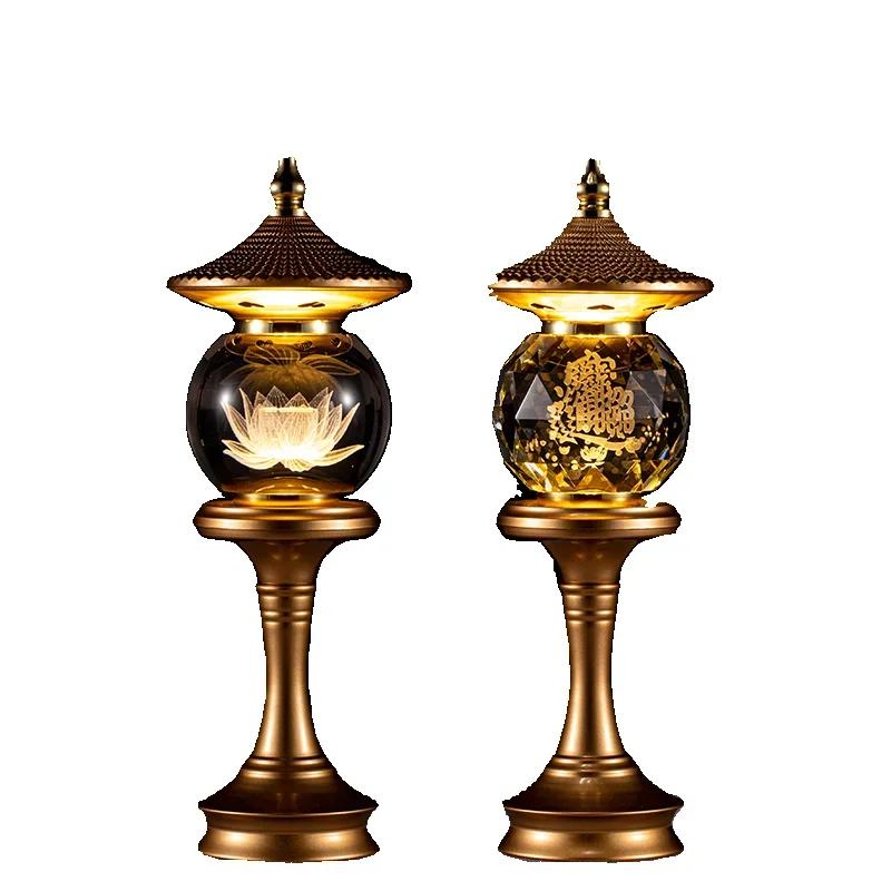 Home Decoration, Alloy Crystal Ball LED Seven Color Lotus Lamp, Buddha Offering Lamp, Meditation, Buddha Tools and Supplies