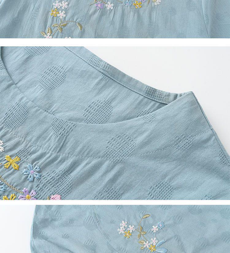 Summer Embroidered Two-Piece Home Set for Mature Women - Thin Cotton & Linen