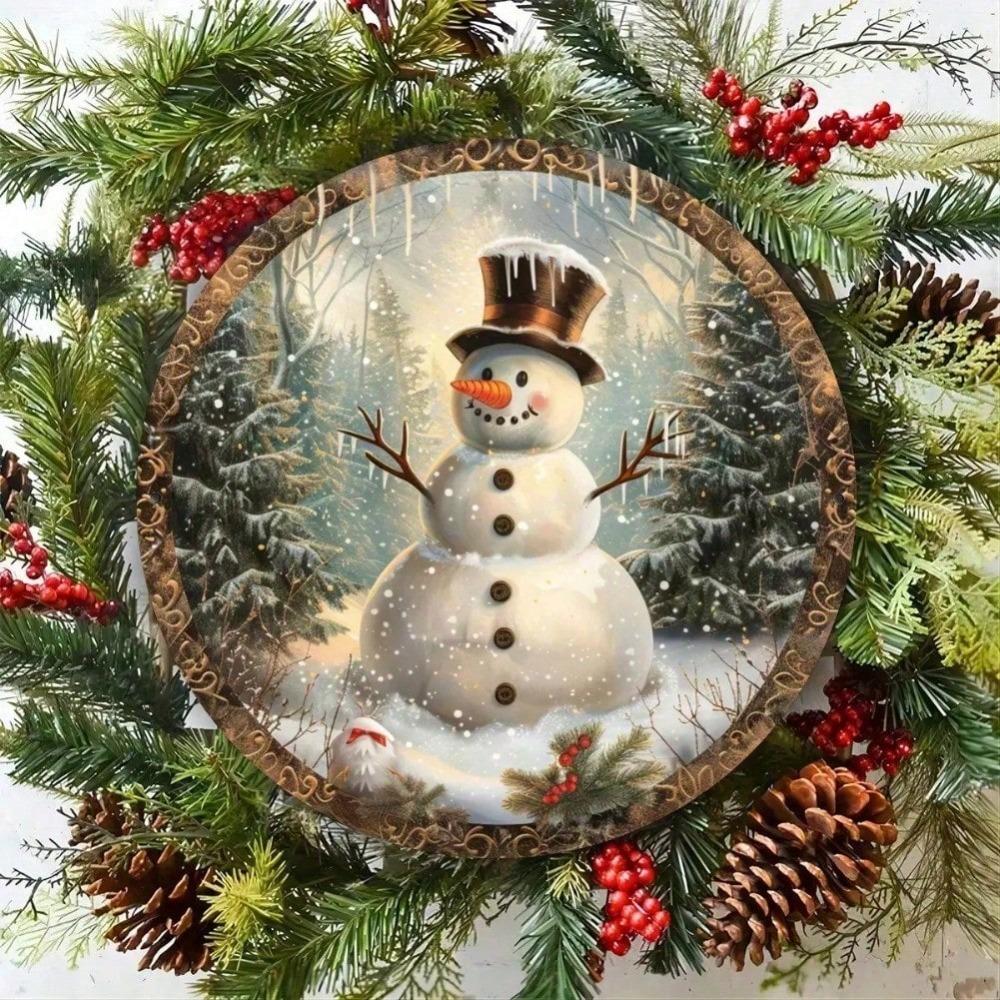 Retro Snowman Round Tin Sign 20x20cm Winter Xmas Wall Decor Home Cafe