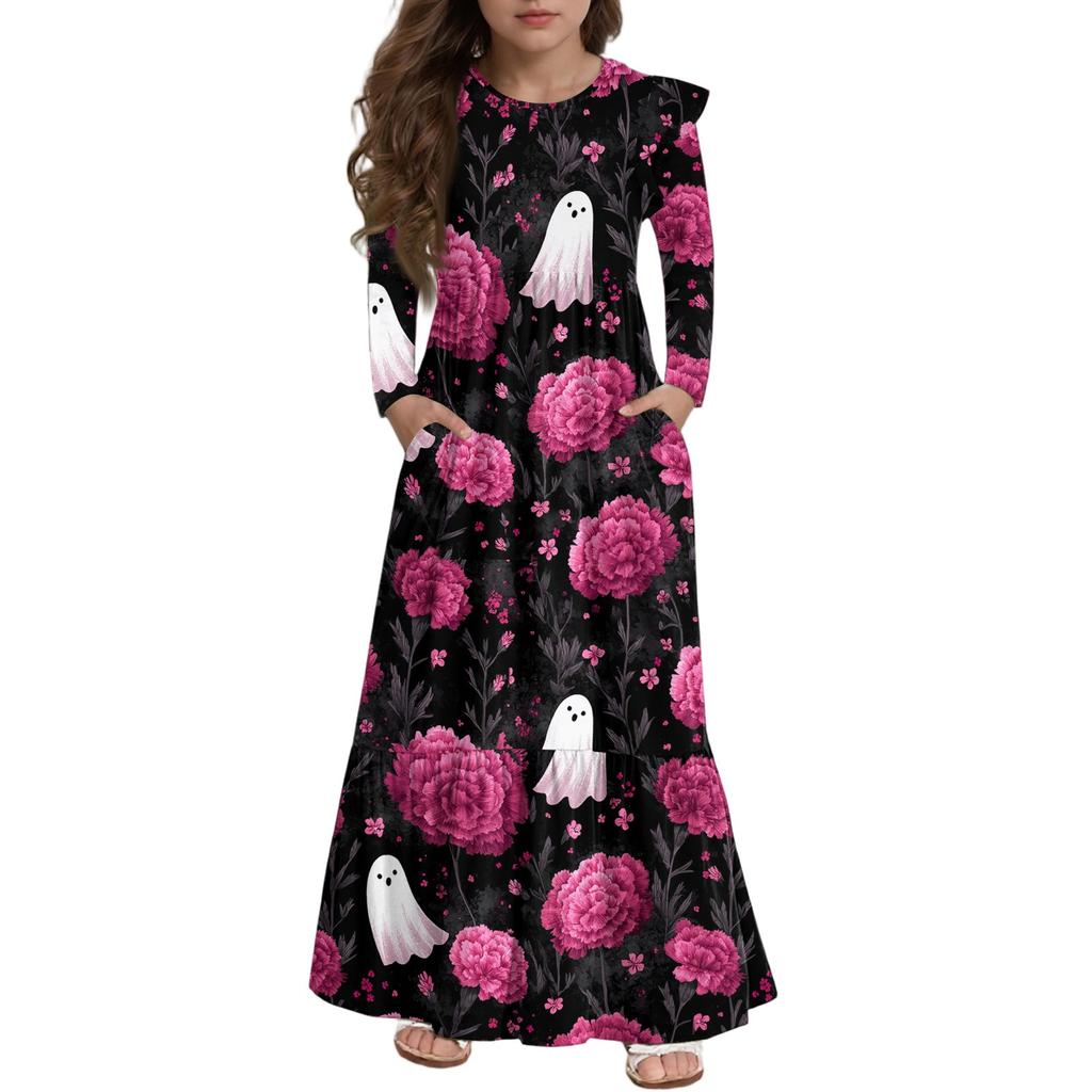 Girls' Tiered Ruffle Dress Halloween Day - Long Sleeve Printed Maxi With Pockets