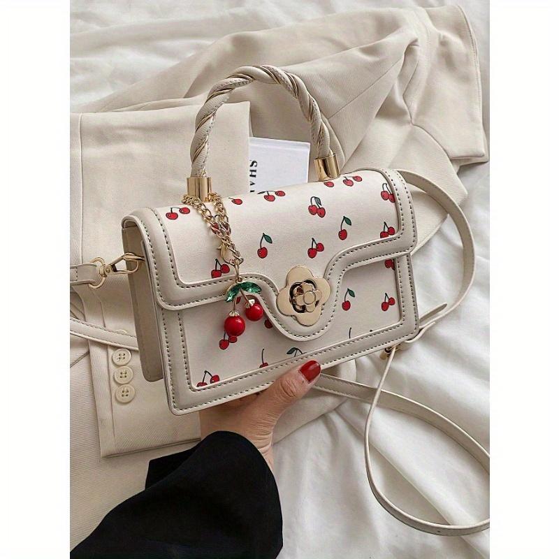 Fashionable High-Class Lady Square PU Handbag, Cute Cherry Printed Shoulder Bag for Shopping, Dating, and Crossbody, Kawaii Cherry Elements Valentines