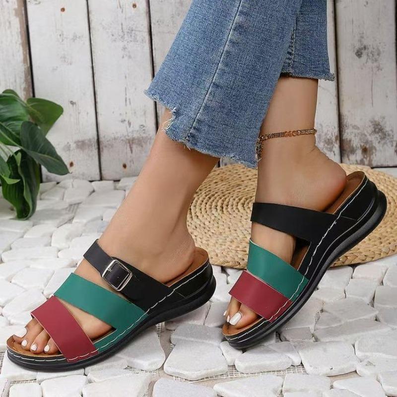 Women's Plus Size New Summer European American Style Color Blocking Wedge Heel Open Toe Slide on Beach Sandals