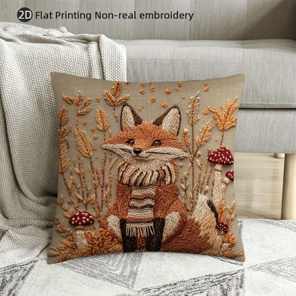 Autumn Fox Faux Embroidery Pillow Cover Double Sided 2Dprint Cozy Pillow Cover Bedroom Living Room Sofa Warm Vibe Accessory Gift