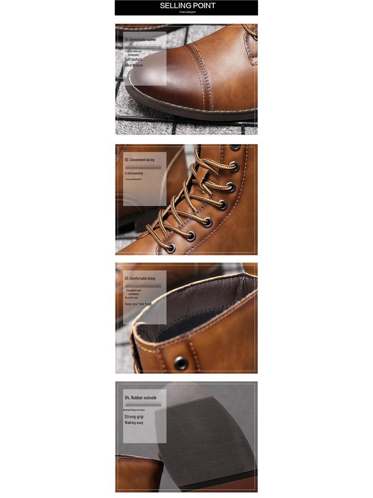 Men's Korean Style Retro Leather High-Top Martin Boots - Autumn Plus Velvet, Large Size, Work and Cotton Options Available.