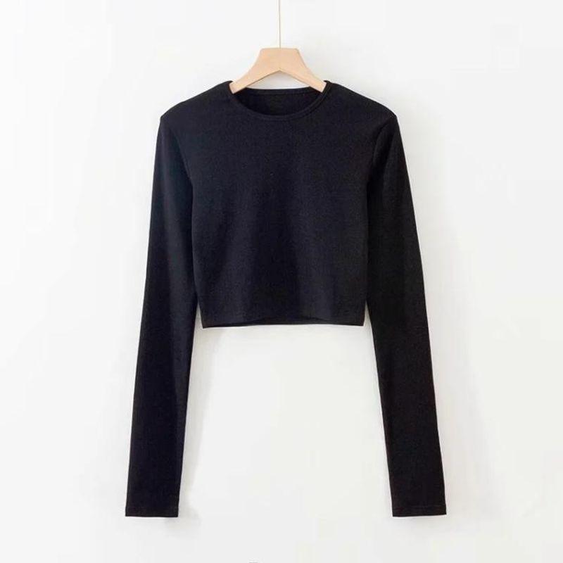 

round Neck Long Sleeve Slim Stretch Solid Color Top T-shirt Black M