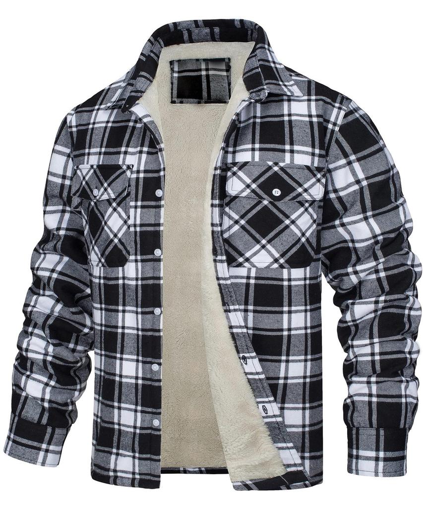 Men's 2023 Fleece-Lined Plaid Jacket - Long-Sleeve, Turn-Down Collar, Single-Breasted, Loose Fit