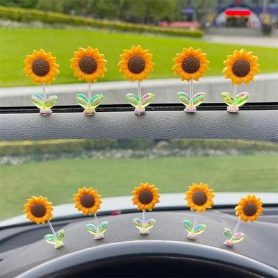 2/5Pcs Shaking Head Sunflower Car Decoration Adhesive Auto Dashboard Center Console Yellow Flower Ornament Doll Toy Figurine Christmas Gift