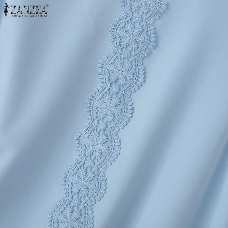 ZANZEA Blusa Casual de Verano para Mujer con Cuello Redondo y Manga Corta con Parche