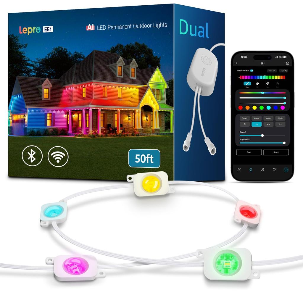 Lepro EE1 AI Illumination Lights, Outdoor LED String Lights, Spotlights, DIY Flowing Strip Lights, Permanent Installation, 30-Light, 15m, Smart RGB,