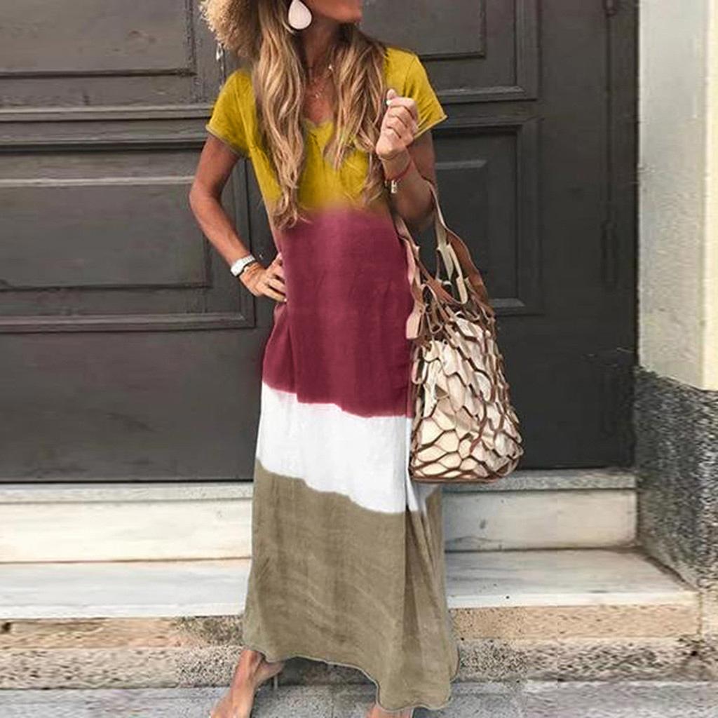 Women's Casual Gradient Color Blocking Print V-Neck Sexy Short-Sleeved Dress