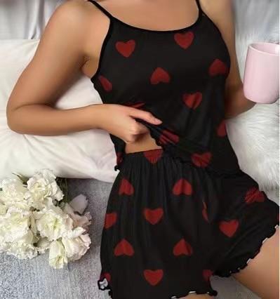 European and American summer casual sexy small suspender love printed shorts two-piece loungewear women's simple European and American style