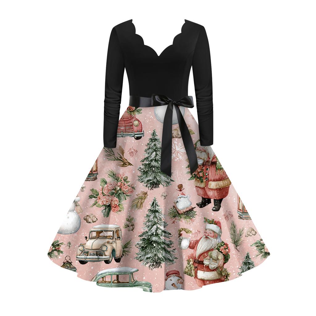 Women's Casual Fashion Long Sleeve Christmas Graphic Printed Vintage Long Dresses