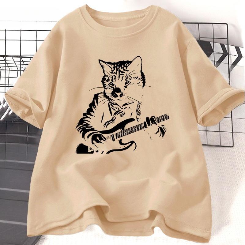 Funny Guitar Player T Shirt Music Lover Cat Owner Rock Lover TShirt Vintage Cat Mom Printed Tshirt Unisex Women Streetwear Tees