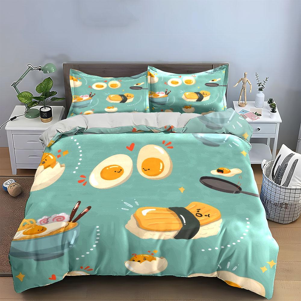 Cartoon Egg Theme Kitchen Decor Soft Comfortable Duvet Cover Bedding Set Included 1*Duvet Cover & 2*Pillowcases, Gift