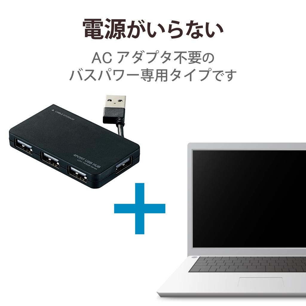 ELECOM USB 4 Bus Cable 2.0 Hub, Ports, Powered, Compact, Storage, Black, U2H-YKN4BBK