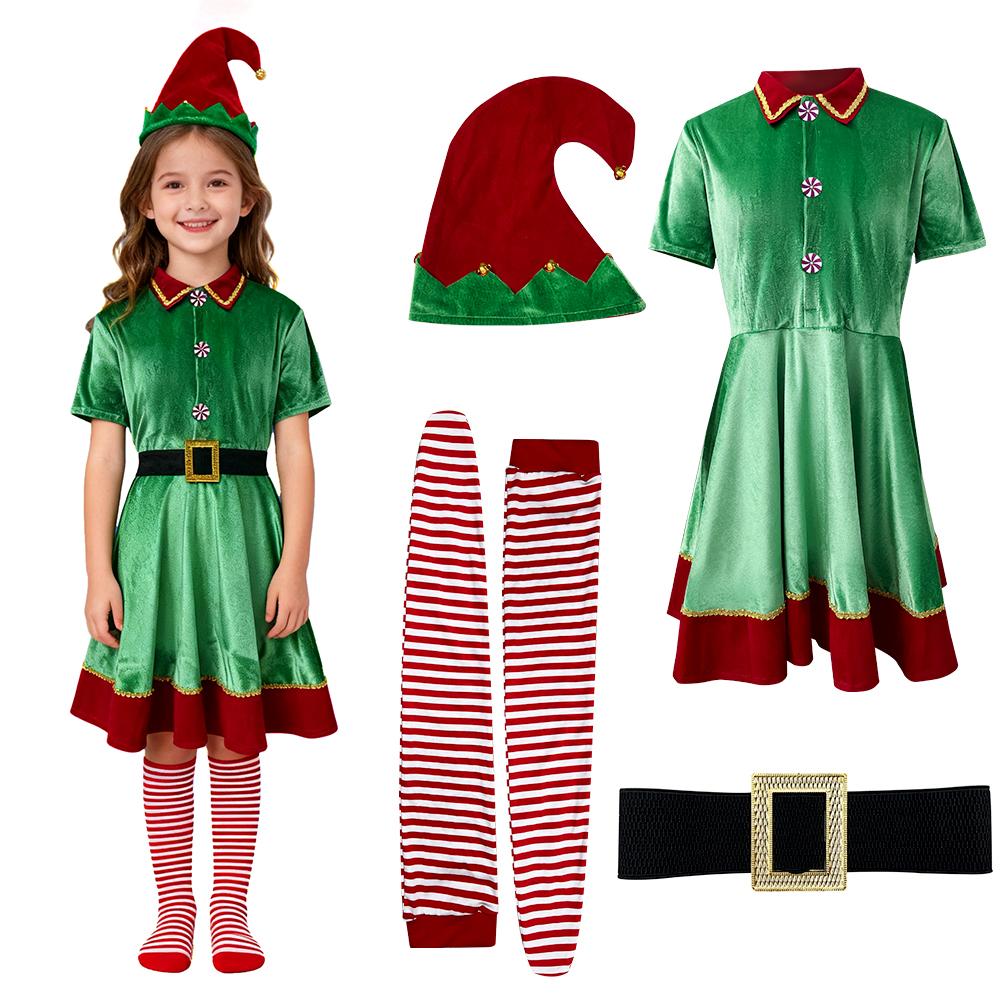 Canary Velvet Dress Shirt with Hat; Adult and Children s Christmas Elf Costume for Halloween Party. 110