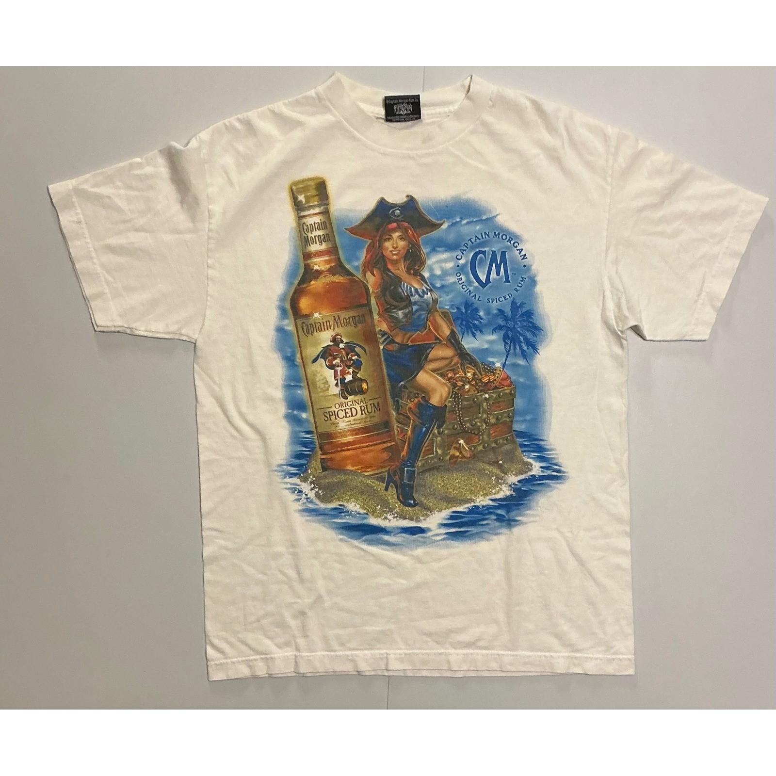 Y2K VTG Captain Morgan Spiced Rum Sexy Pirate Woman Treasure T-Shirt White L Unisex T-Shirt S