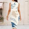 Women Plus Size Round Neck Sleeveless Printed Bodycon Midi Dress