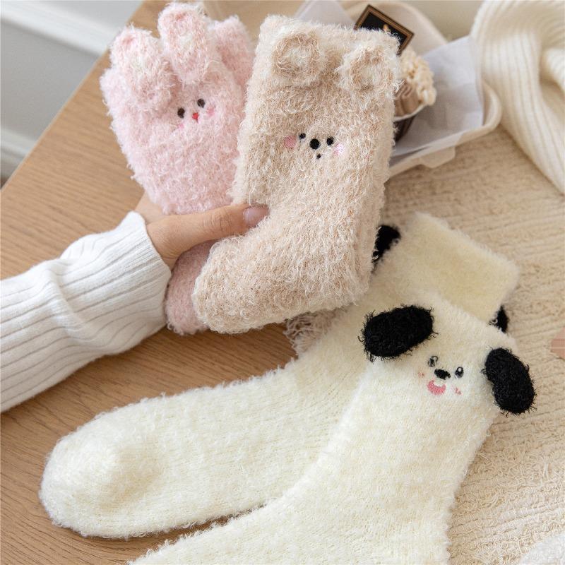 Autumn and Winter Plush Three-dimensional Animal Socks for Women, Cartoon Women's Medium Tube Socks, Thickened Warm Home Sleeping Socks