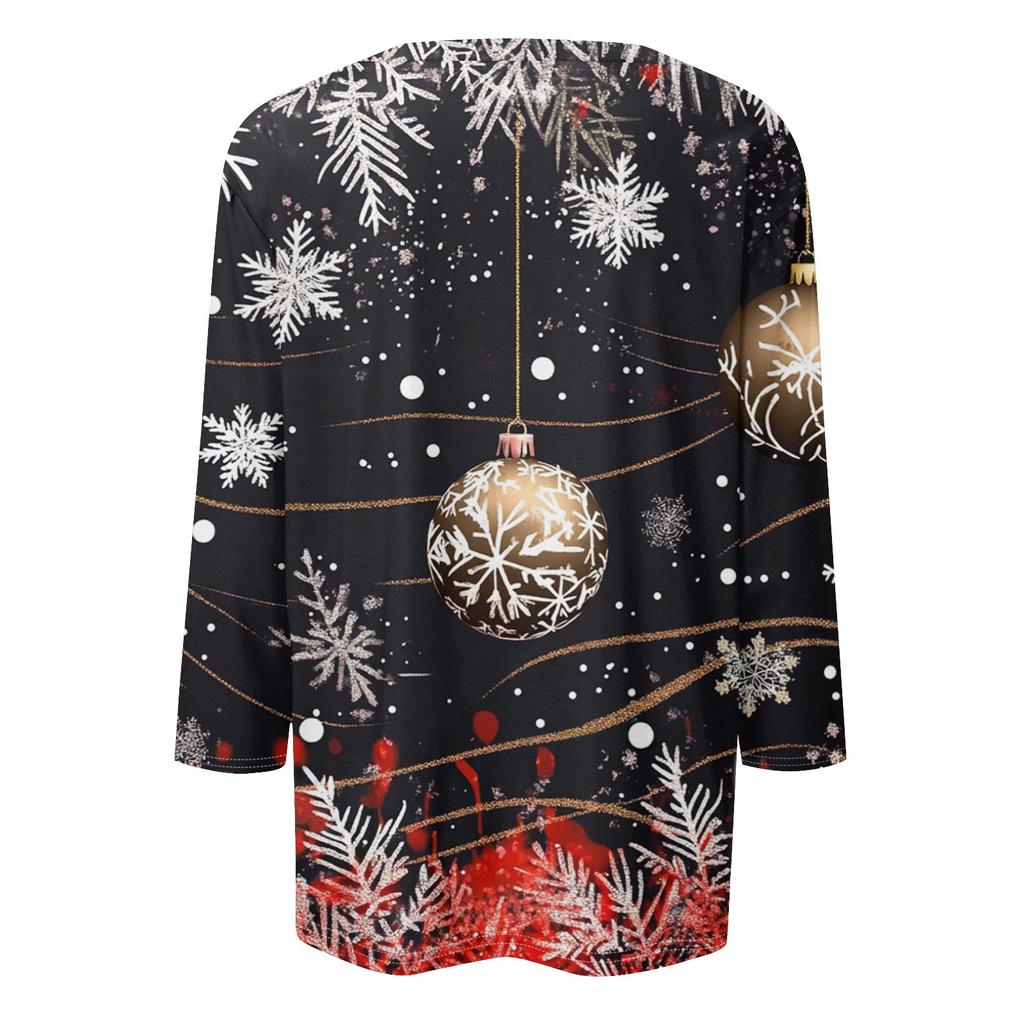 Women's Fashion Casual Seven Sleeve Christmas Printed Round Neck T-Shirt Top