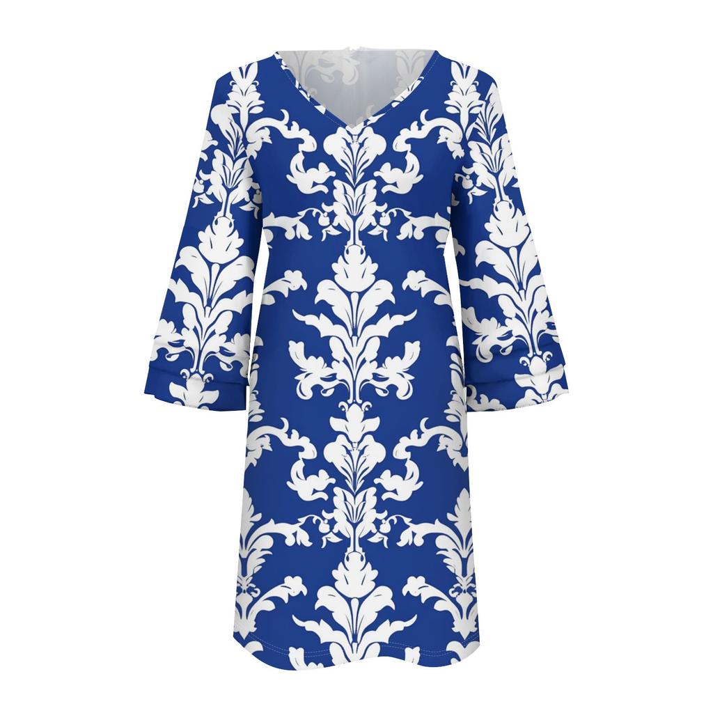 Women's Casual Fashion Floral Print V-Neck Loose 3/4 Sleeve Dress