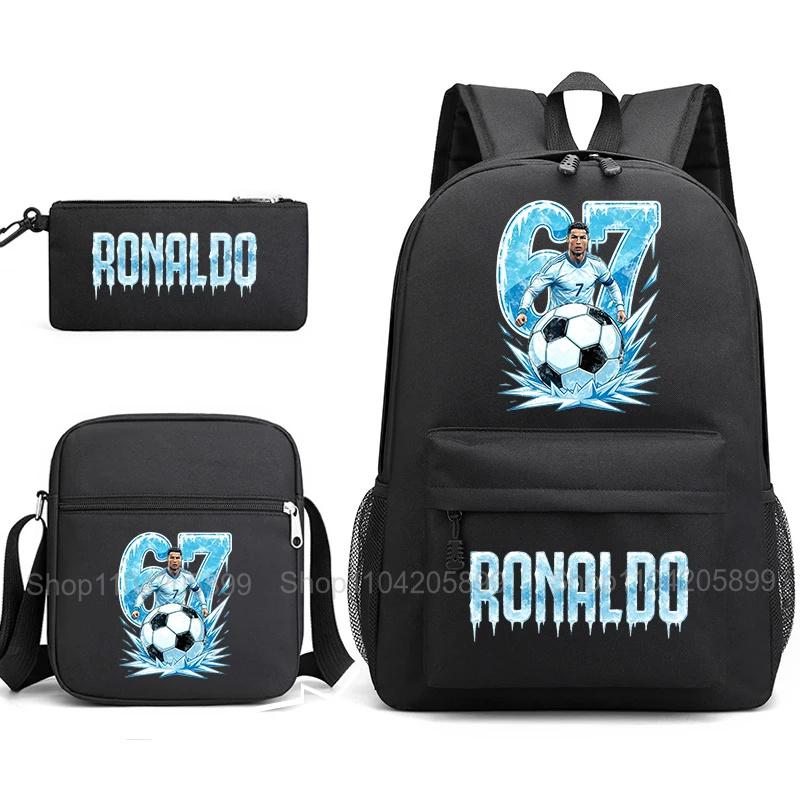 CR7 Ronaldo Backpack Football 67 Print School Bag With Shoulder Bag & Pencil Case For Student Boys Gift Daily Travel Rucksack