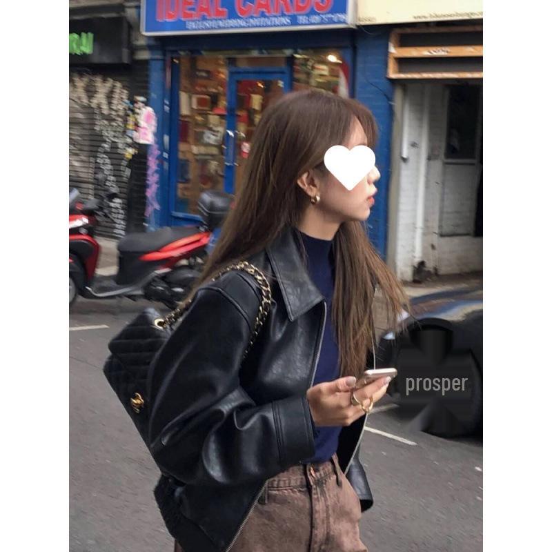 

Women s Petite Brown Leather Motorcycle Jacket - Cool & Retro Spring/Autumn Style L (recommended for 125-150 jin) чорний