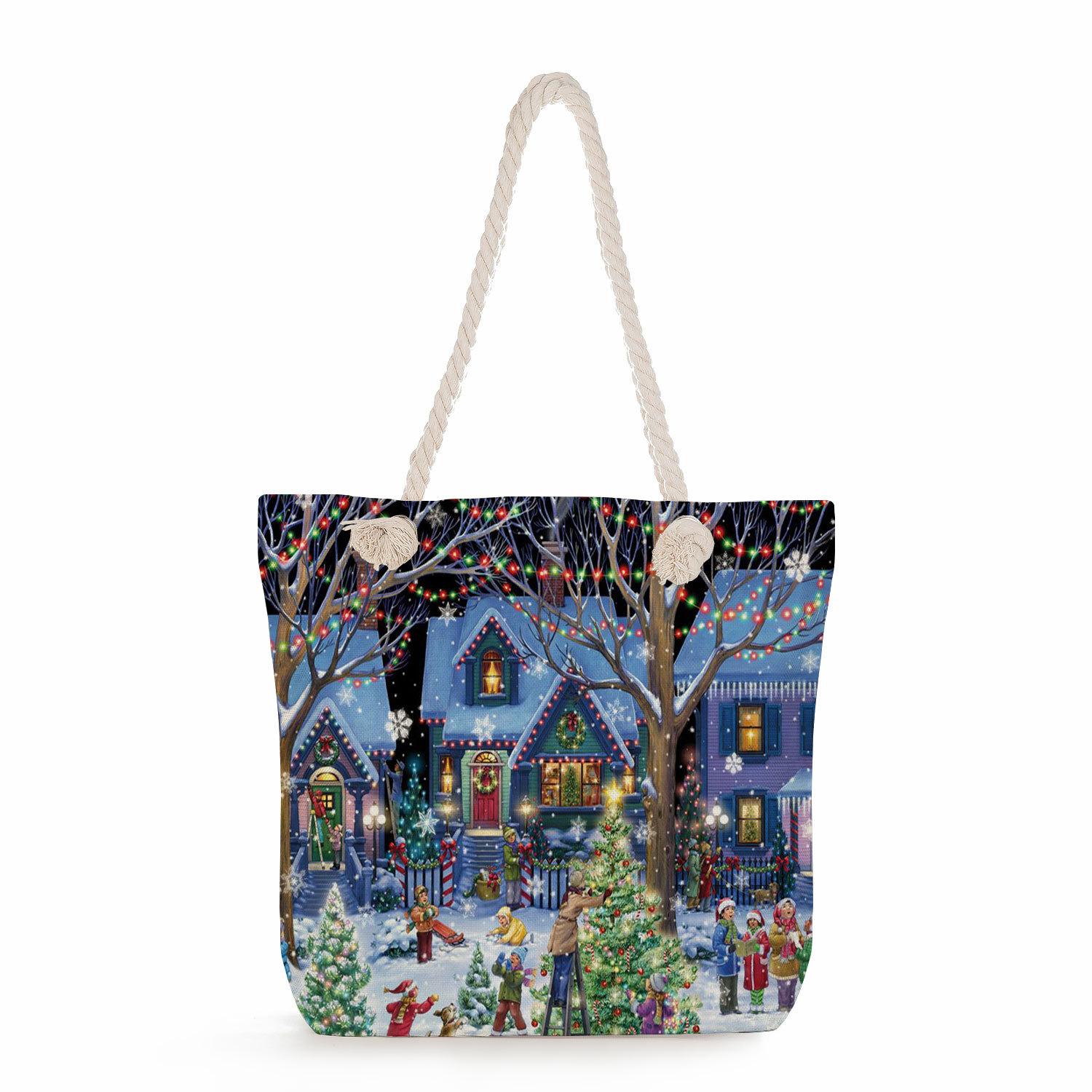 Multifunctional Christmas Printed Thick Rope Shoulder Beach Bag Casual large capacity handbag 7592