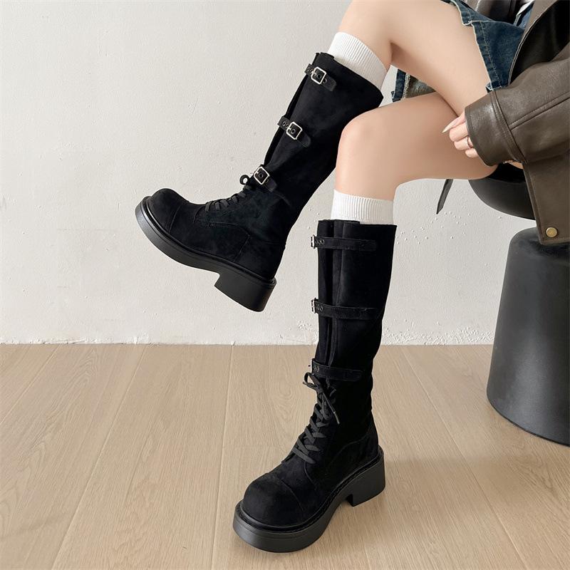 Fashion western knight boots women's 2025 spring and summer new brown retro belt buckle lace-up British women's boots