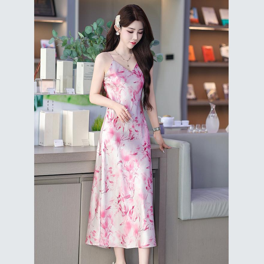 Summer Floral Print Satin Slip Dress French Style Slim Fit Waistband Elegant Mid Length Womens Dress