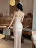 Heißes Mädchen Sexy trägerloses Netz-Abendkleid mit hohem Schlitz