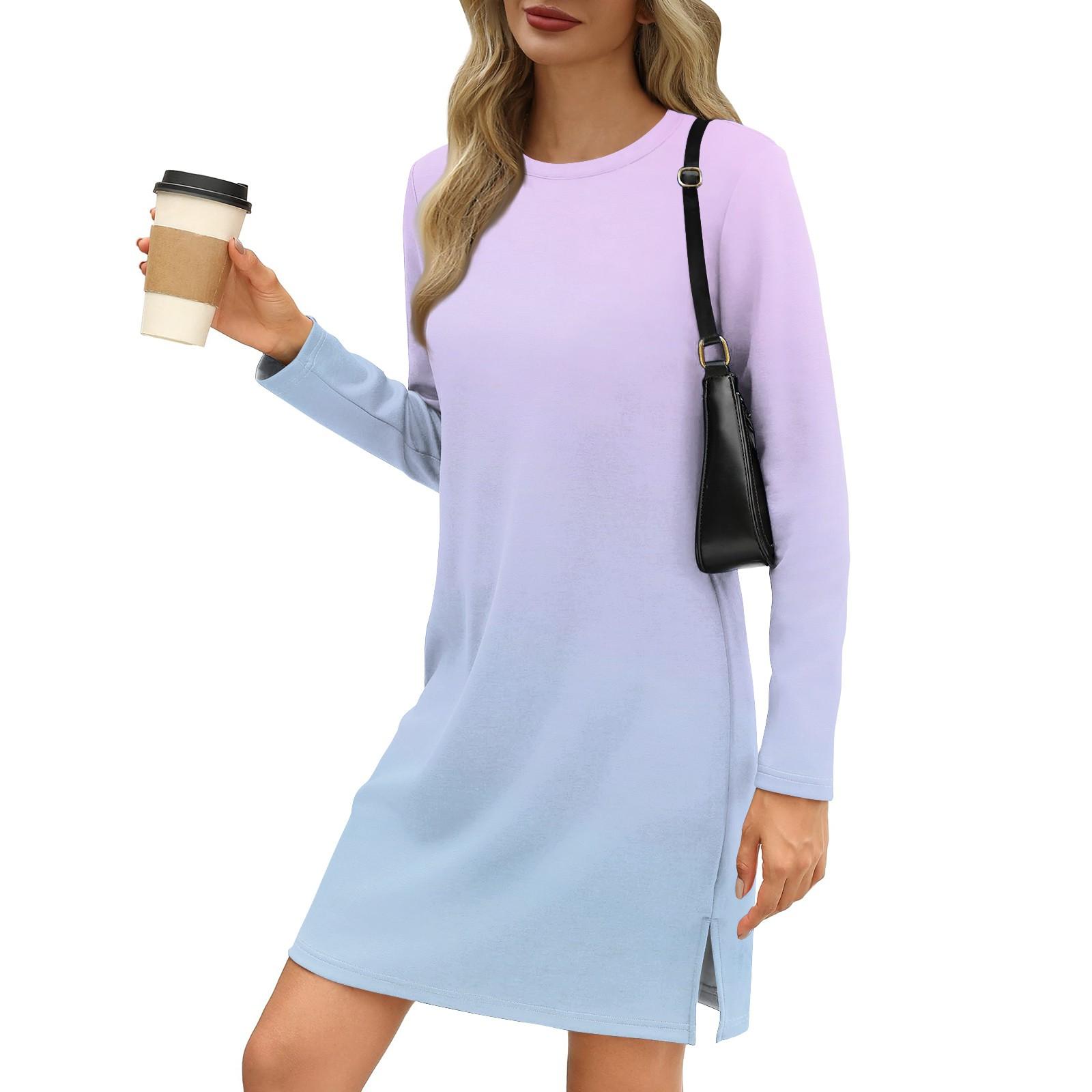 

Женское модное повседневное платье с круглым вырезом и длинными рукавами и разрезом по низу XXXL светло-фиолетовый