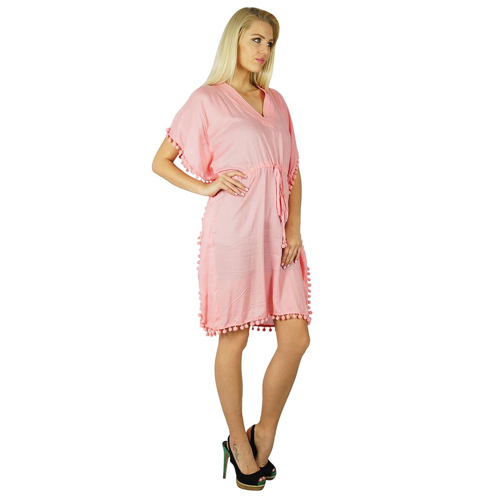 Bimba Women Cotton Kaftan With Pom Pom Tassels Short Caftan Beach Coverup