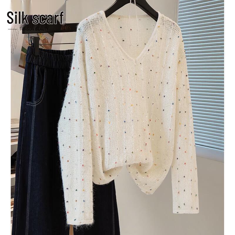 Sibaisha Women s V-Neck Drop Shoulder Color-Block Polka Dot Knit Top One Size